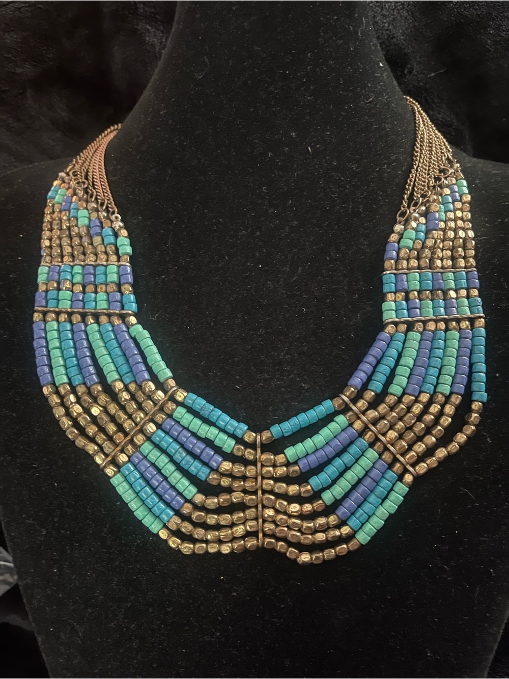 Turquoise & Royal Blue Beaded Multi-Strand Necklace with Antique Gold Accents